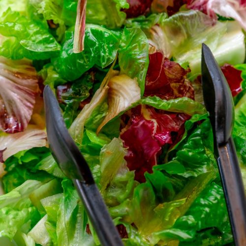 Closeup green and purple lettuce. Salad bar buffet at restaurant. Fresh salad bar buffet for lunch or dinner. Healthy food. Fresh green and purple lettuce leaves. Catering food. Vegetarian food.